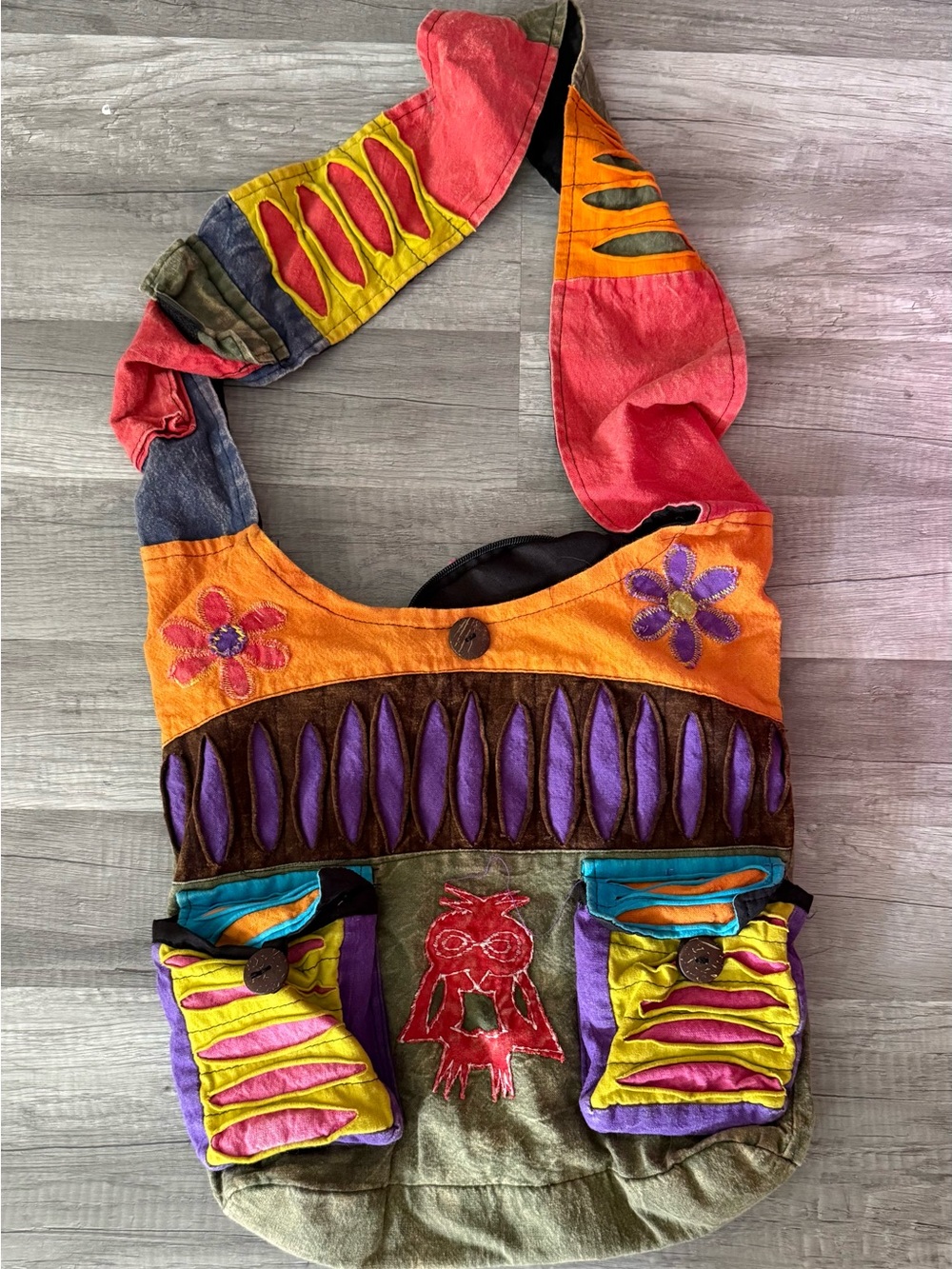 Colorful Patchwork Sling Bag with Owl & Floral Appliqué